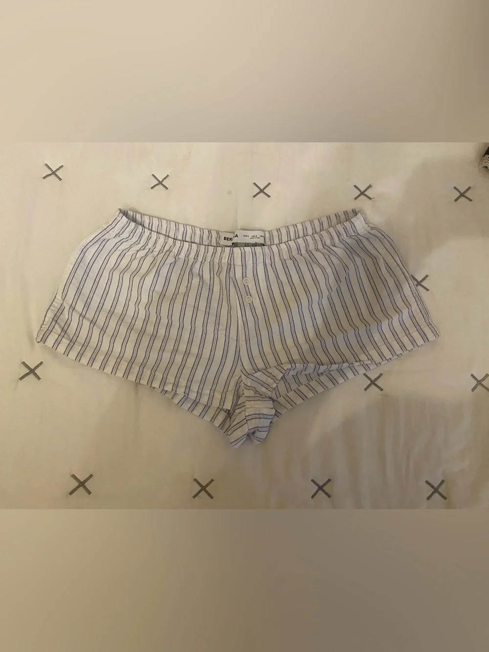 Bershka White and Blue Striped Cotton Sleep Shorts
